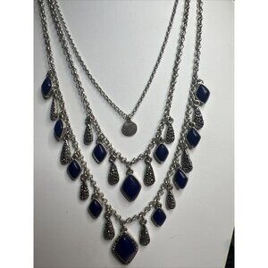 Lucky Brand Silver tone Graphite Layered Necklace‎ Navy stone teardrops